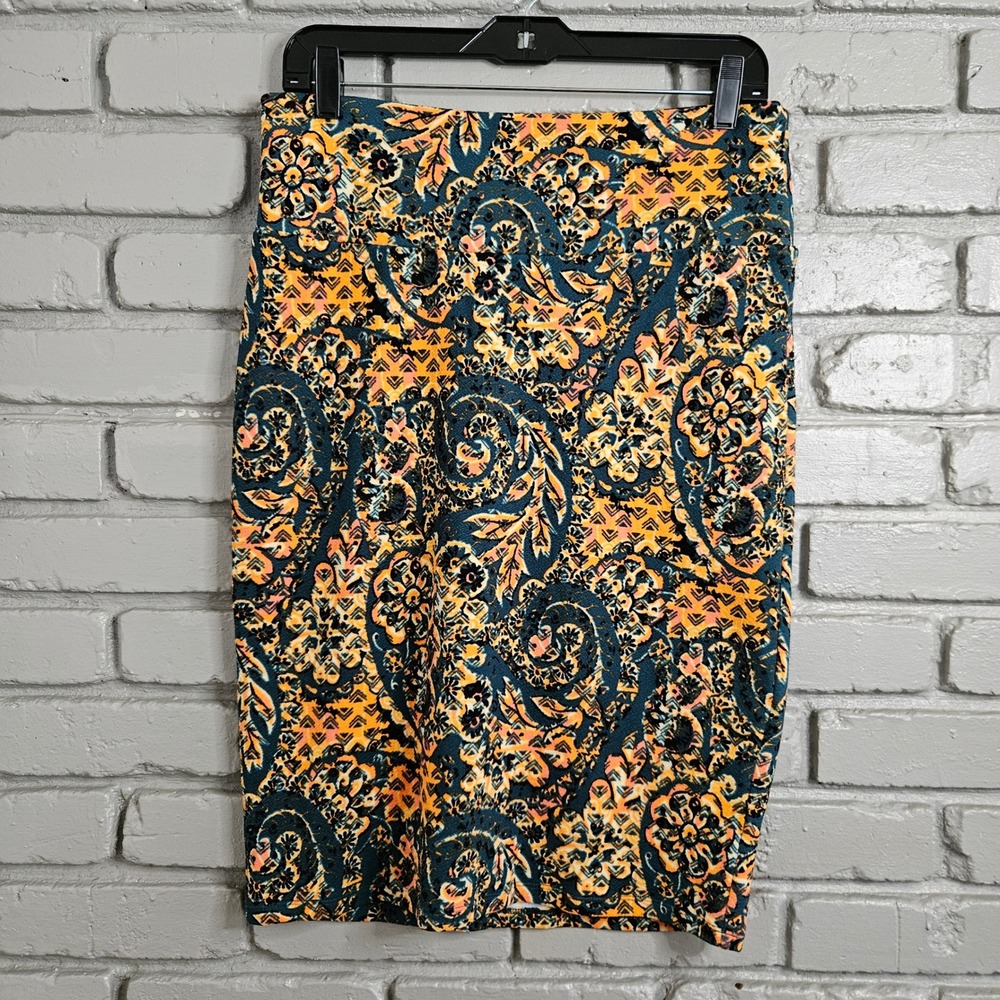 LuLaRoe Cassie Pencil Skirt Medium Teal Orange Yellow Paisley‎ Geometric Knit